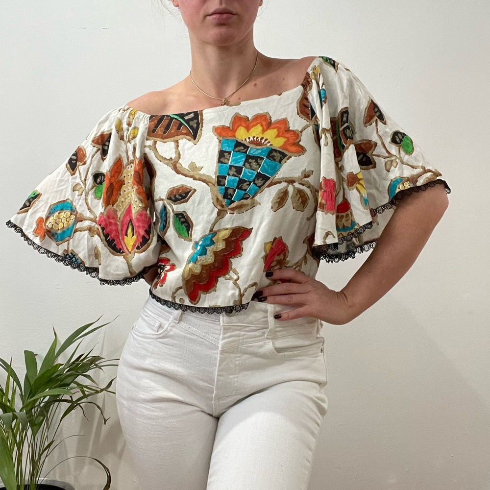 Alice + Olivia floral print colorful viscose blouse crop top flare arms small